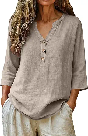 Women's Summer Gauze Tops Casual Linen Cotton Button Tunic Blouse 3/4 Sleeve V Neck Peasant Shirts Beach Vacation