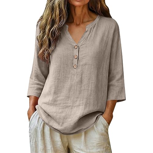 Womens Summer Gauze Tops Casual Linen Cotton Button Tunic Blouse 3/4 Sleeve V Neck Peasant Shirts Beach Vacation