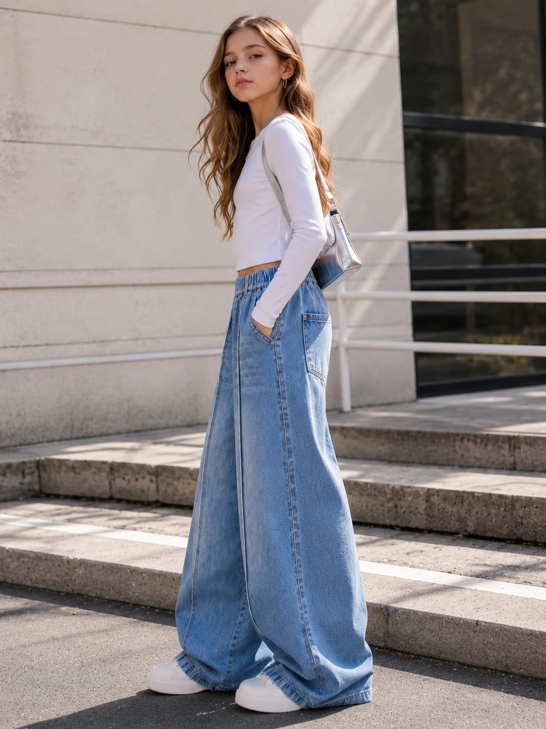 9-16Y Tween Girls' Jeans Casual Elastic Waist Straight-Leg Denim Pants