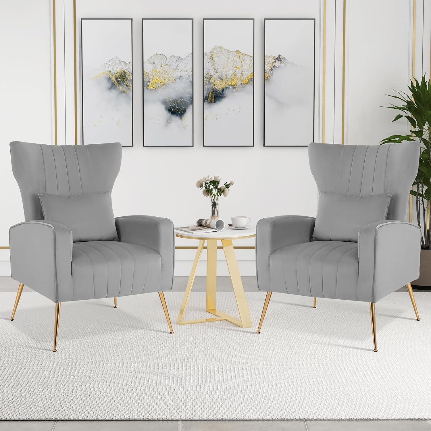 Giantex Velvet Accent Chair with Lumbar Pillow, Upholstered Tufted Wingback Arm Chair w/Golden Metal Legs, Mid Century Modern Single Sofa Chair for Living Room Bedroom, Max Load 400 LBS, Grey