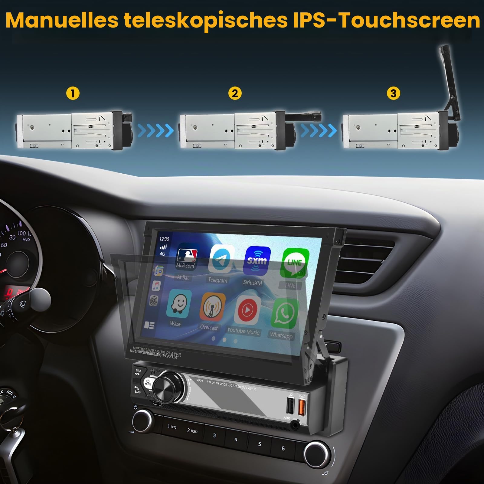 Hikity 1 Din Autoradio Wireless Carplay Andriod Auto 7 Zoll Manuelle Ausfahrbarem Bildchirm Auto Radio Touch Display Bluetooth Android Auto Mirror Link FM Radio USB SWC AUX Type-C Mic Rückfahrkamera