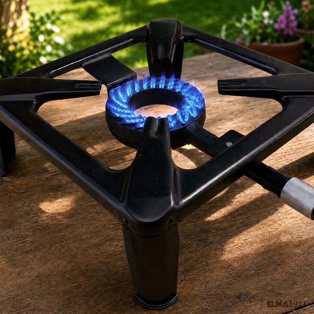 ELMA Hornillo de Gas para Exterior 6,5 kW | Compatible con Butano y Propano | Quemador de Hierro Fundido | Llama Regulable, Válvula de Seguridad