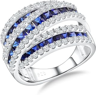 RANDES 925 Sterling Silver Crossover Blue Sapphire Statement Ring - Chunky Wide Band Wedding Cocktail Ring for Women Men Sizes 6-10