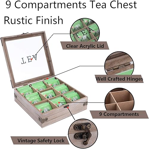 Miniatura 5 de handrong Organizador de caja de té, almacenamiento rústico para bolsitas de té, soporte para bolsas de té para paquetes de cápsulas de azúcar y más,
