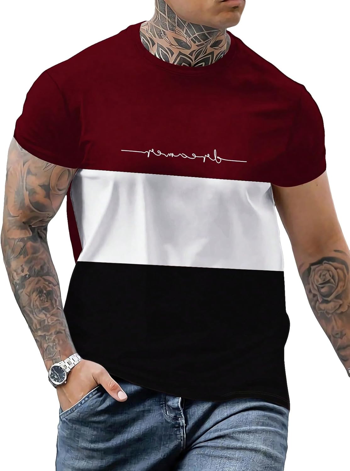 Floerns Men’s Letter Print Short Sleeve Colorblock Crewneck Casual Tee Shirt