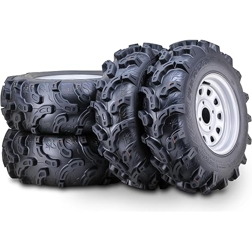 WANDA ATV Tires and Wheels Assembly Set 25x8-12 25x10-12 Super Mud with 4-110 PCD 5+2 Offset Silver Rims, SET 4