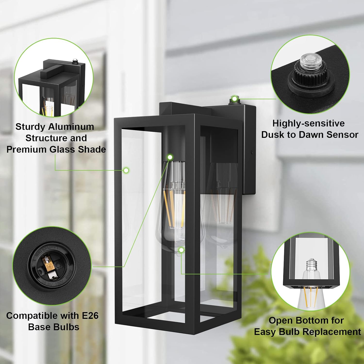 Aipsun Outdoor Wall Lantern 2 Packs with Dusk to Dawn Sensor, Matte Black Sensor Exterior Light Fixtures,Exterior Wall Sconce with Clear Glass Shade(2700K E26 Bulbs Include)