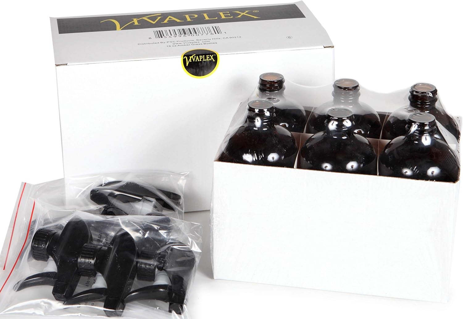Condition photo showing New/Like New for vivaplex, 6, large, 16 oz, empty, amber glass spray bottles with black trigger sprayers 6 count (pack of 1) black
