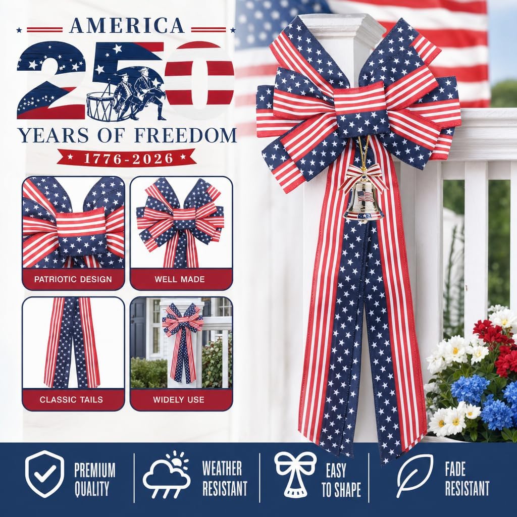 2PCS Patriotic Bows for Wreaths 4th of July Decorations Red White and Blue Bow, Stripe Stars Tree Topper Anniversary Memorial Decor
