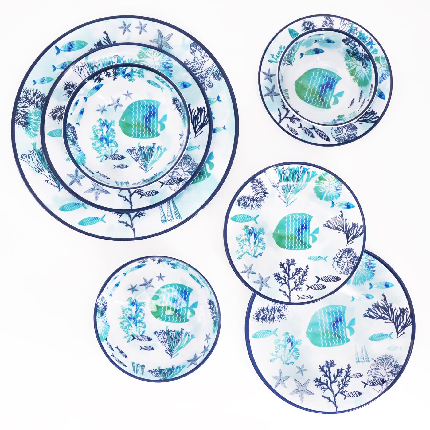 Les Jardins de la Comtesse - Grand Saladier en Mélamine - Caraïbes - 4L / Ø 31 cm - Bleu Mer et Poissons - Service de Table de la Vaisselle Quasi-Incassable MelARTmine