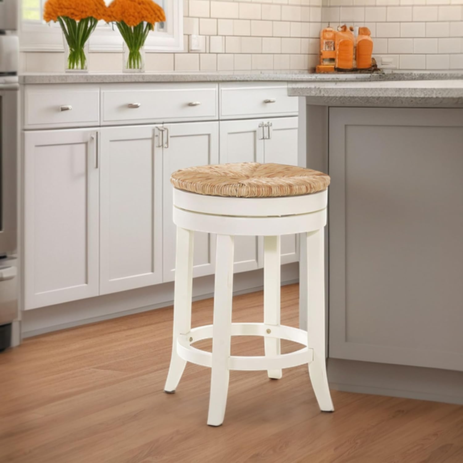 Carolina Chair & Table Co 24" Swivel Counter Stool with Rush Seat - Antique White Finish Farmhouse Solid Wood Frame Kitchen Stool - Built in Footrest, Compact Round Seat for Counter Height Seating