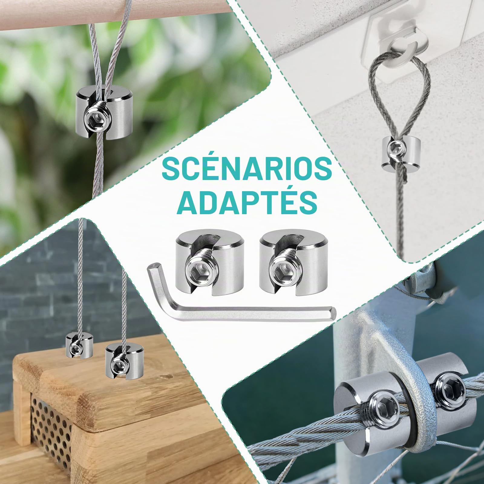 10PCS Serre Cable Acier Inoxydable 4 mm M8, Serre-Câbles Inox avec Hexagone Vis Clé, Clip de Serrage Corde pour Câble Métallique, Tendeur de Corde à Linge, Tendeur Cable
