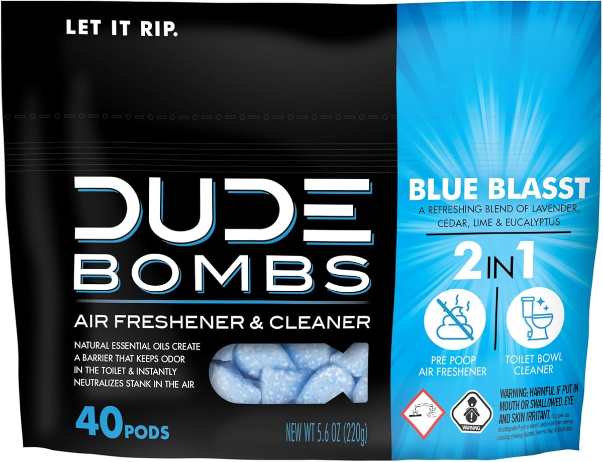 DUDE Wipes DUDE Bombs Eliminador de olores para inodoro, ambientador, 40 unidades | 1 paquete de 40 cápsulas sanitarias pre-caca. Desodorante de baño y limpiador de inodoros 2 en 1. Lavanda, cedro, lima, eucalipto.