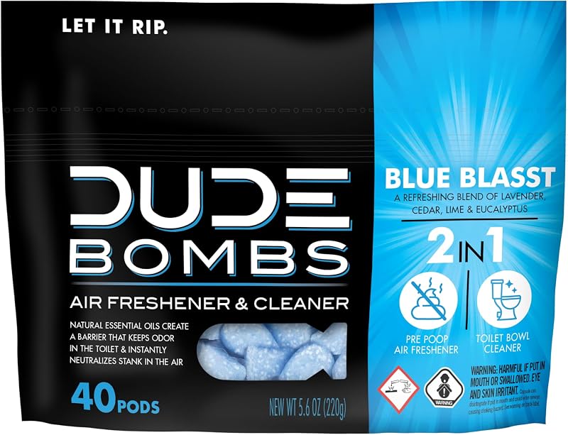 DUDE Wipes DUDE Bombs Eliminador de olores para inodoro, ambientador, 40 unidades | 1 paquete de 40 cápsulas sanitarias pre-caca. Desodorante de baño y limpiador de inodoros 2 en 1. Lavanda, cedro, lima, eucalipto.