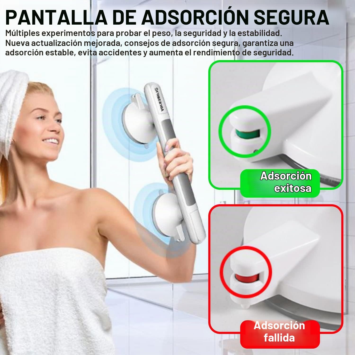 Agarraderas de Baño con Ventosa, 2 Piezas | Con Indicador, Asa de Seguridad, Para Personas Mayores Discapacitados Niños