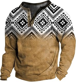 LEXUPE Aztec Shirts for Men,Retro Print Henley Shirts Fall Casual Button Blouse V Neck Long Sleeve Pullover