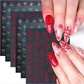 6 Sheets Christmas Nail Art Stickers Green Gold Red Xmas Bow Nail Decals 3D Self-Adhesive Winter Nail Stickers New Year Bows Nail Art Decals for Women Holiday Manicure Nail Decoration
