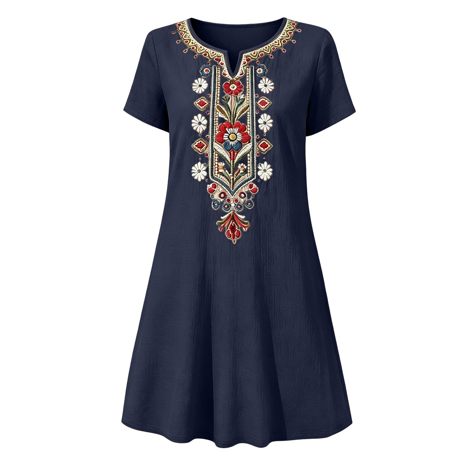 Vestiti Estivi Donna Cotone Lino Ricamo Floreale Abiti Boho Chic Dress Vestito da Mare Elegante Abiti Cerimonia Manica Corta Scollo a V al Ginocchio Vestito Donna Estivo Corto Casual