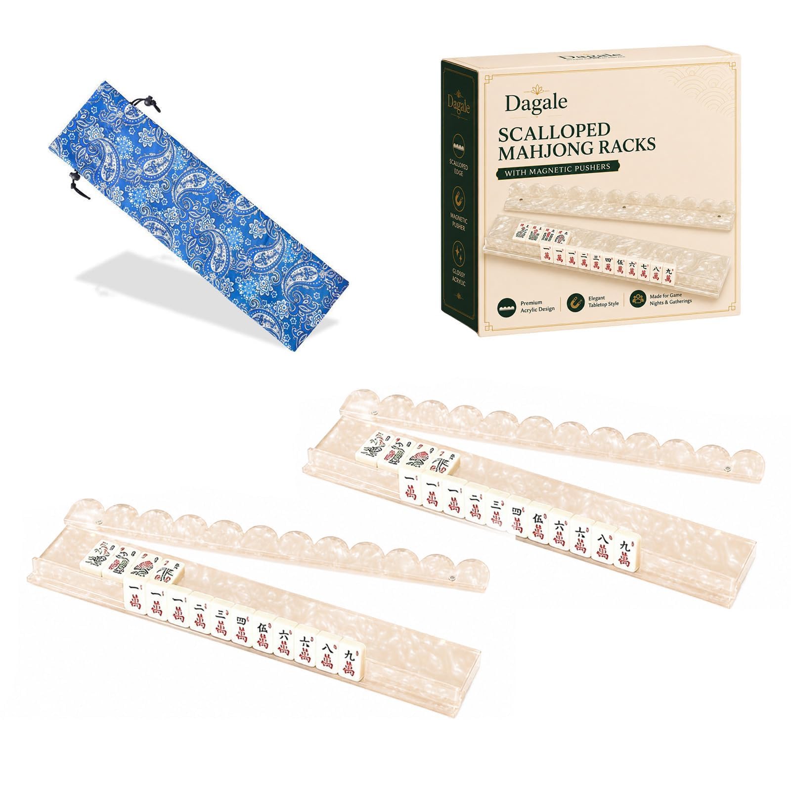 Scalloped Mahjong Racks with Magnetic Pushers, Acrylic, Tortoise and Shell Style, Set of 4, Two Size Options 44.5 cm/50.8 cm, for American Mahjong (2 Pcs Pearl Shell, 17.5") โ image 1
