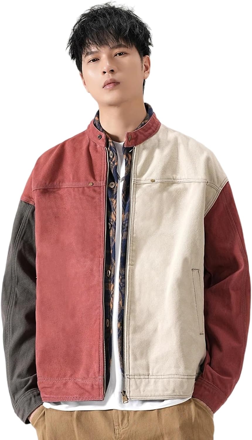 Men Cargo Coat Outerwear Patchwork Stand Collar Relaxed Fit Vintage Motorcycle Jacket