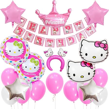 Amazon 誕生日飾り付け ハローキティ ピンクホワイト Happy Birthdayバナー アルミバルーン ヘッドバンド クラウン風船 女の子 子供ベビーシャワー100日半歳１歳誕生日パーティー 幼稚園 部屋装飾 風船 バルーン おもちゃ
