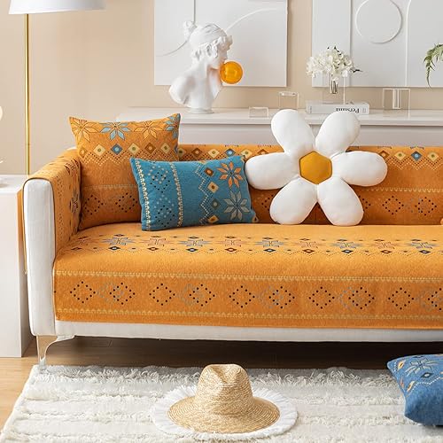 Miniatura 5 de Funda de sofá de chenilla para sofá modular, diseño geométrico bohemio y jacquard antideslizante, protector de muebles para niños, perros y