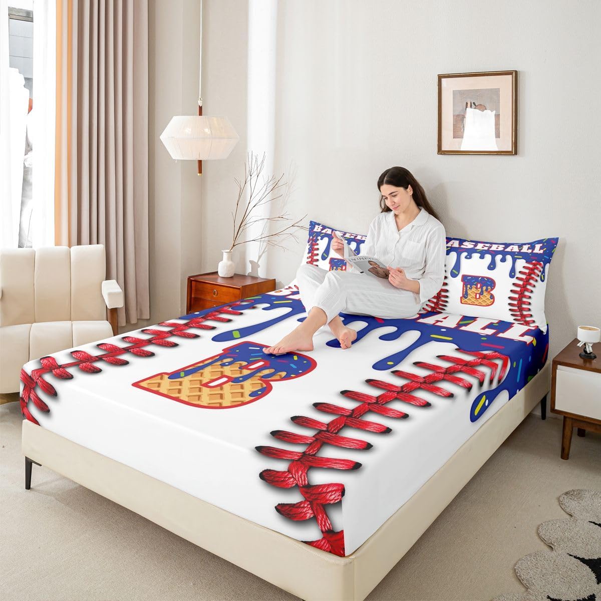 Custom Baseball Fitted Sheet with 2 Pillowcases Personalized Initial B Bedding Room Decor Gift for Baseball Lovers Bed Sheets Set 16" Deep Pocket Full Size Sports Red and Blue 2Pcs Microfiber