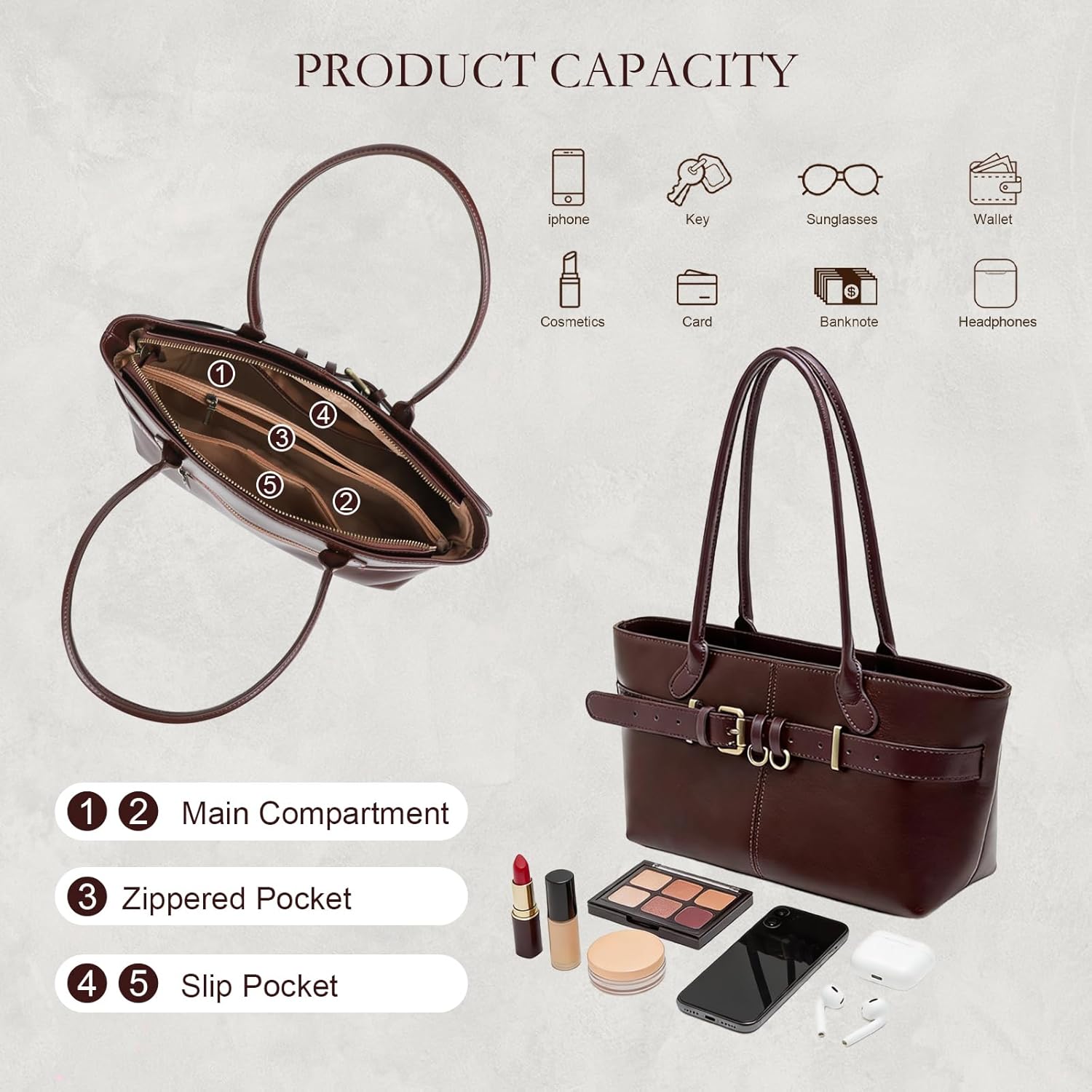 Leather Shoulder Bag for Women, Structured Tote Bag for Work and Everyday, Classic Top-Zip Handbags