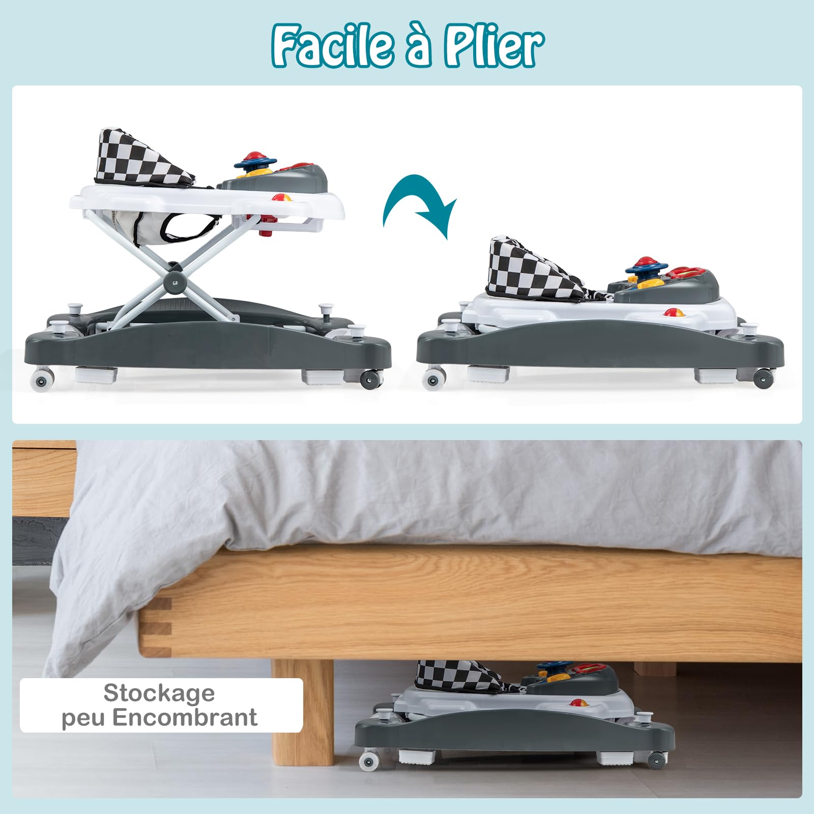 GOPLUS Trotteur Bébé Garçon Fille Evolutif 6 en 1, Trotteur Marche Bebe Pliable avec 3 Hauteur Réglable, Lumières, Musique, Plateau d’Activités Amovible, Charge 12KG, pour 6+ Mois (Gris)