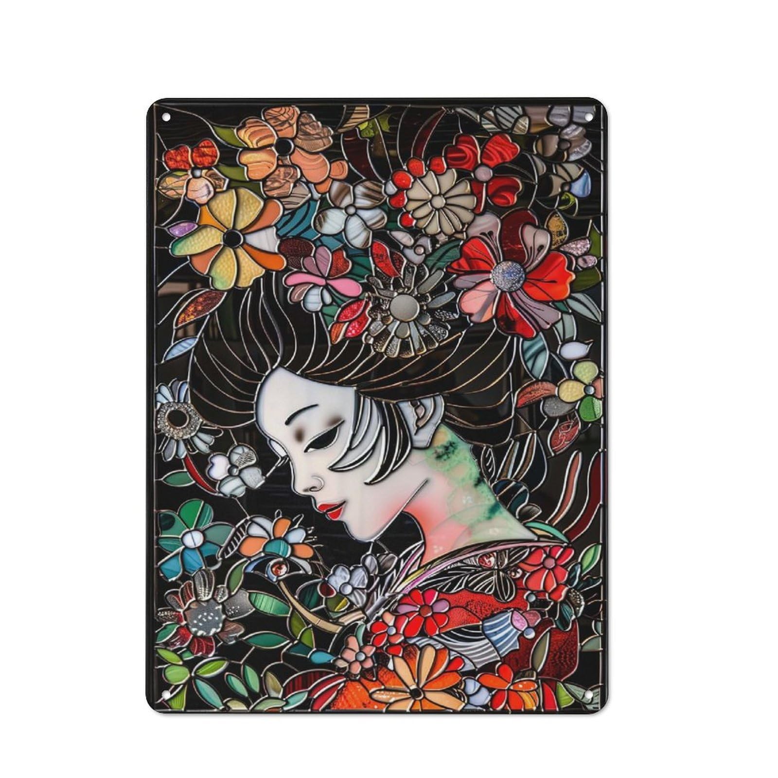 Junmoney Style-9 Stained Glass Geisha Rustic Metal Wall Decor 40X30cm, Decorative Metal Plaque For Shed, Garden Room, Porch Or Garage