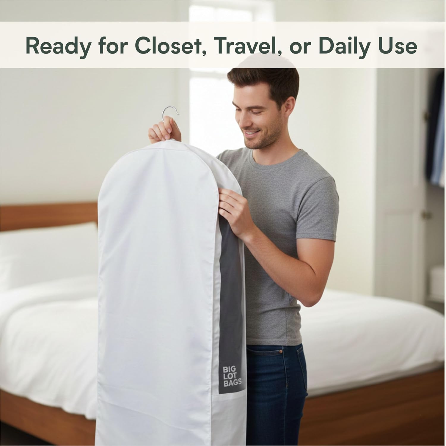 Premium Garment Bag for Hanging Clothes - Breathable Cotton Suit Bag for Closet Storage - Garment Bags for Dresses, Coats & Gowns - Garment Cover for Long Dress, Travel & Home (42 Inch)