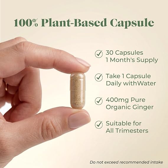 Organic Ginger Root Capsules, Daily Ginger Supplement for Digestion, Bloating & Nausea Support, Vegan Ginger Capsules for Travel Sickness, Motion Sickness, Natural Herbal Supplement, 30 Capsule, 400mg
