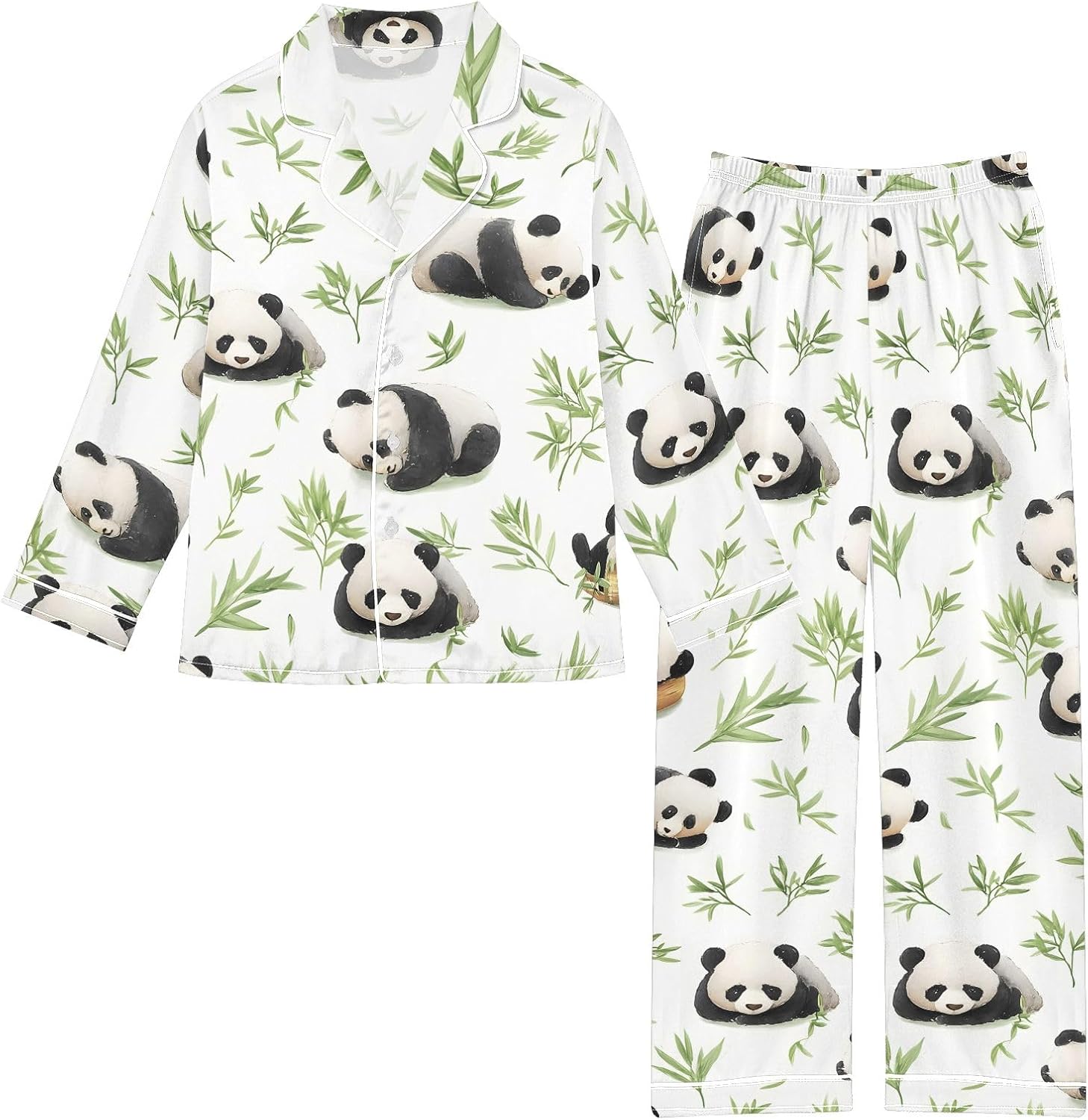 Kids Casual Satin Wear Set Green Leaves Panda Pattern Unisex Relaxed Fit Clothing