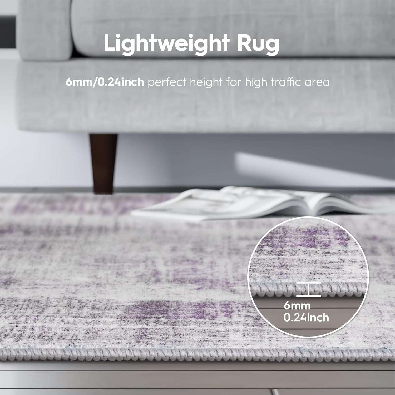 Eleisa Modern Abstract 3x5 Area Rug for Living Room, Purple & Grey, Non-Slip Stain Resistant Washable Rug, Abstract Vintage Home Decor Carpet for Bedroom, Kitchen, Dining Room