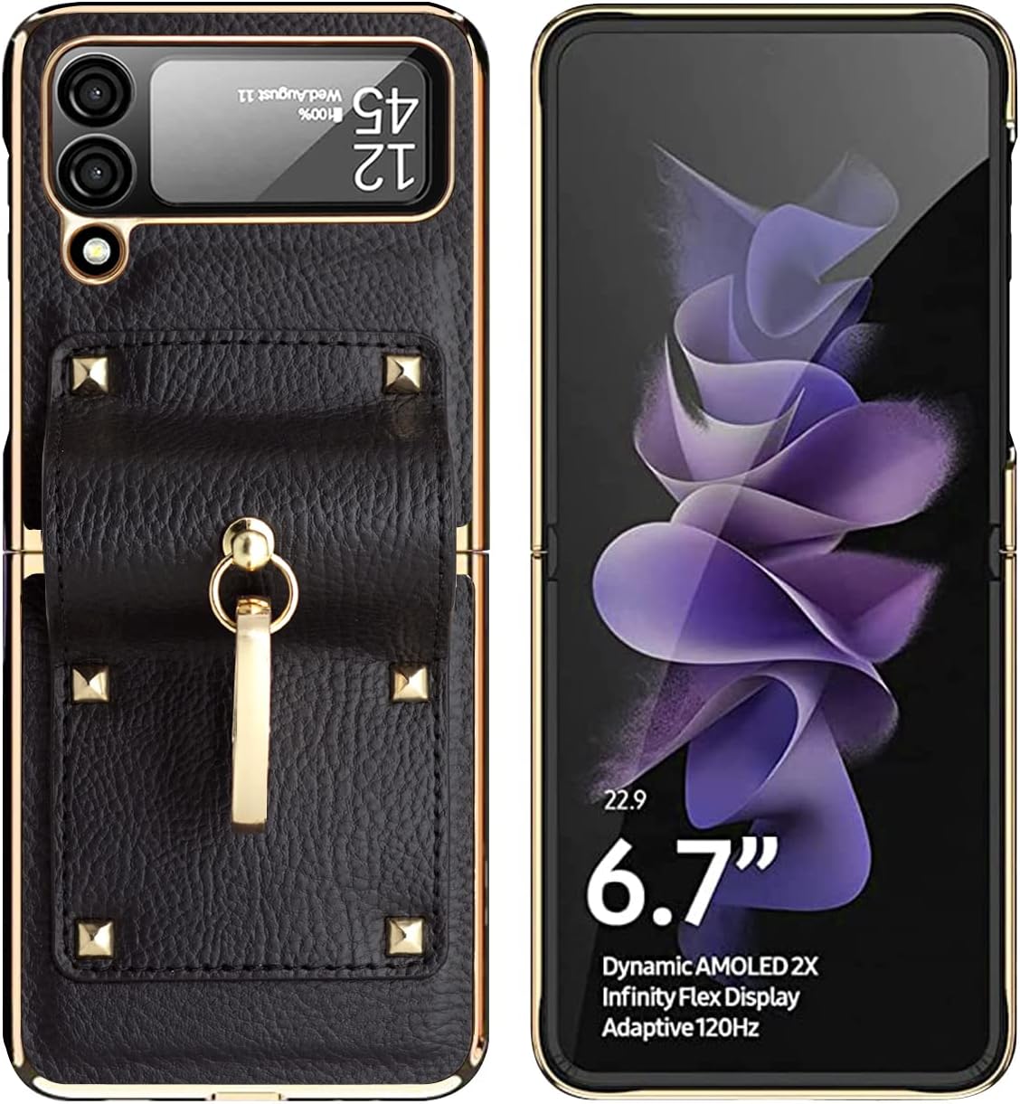 for Samsung Galaxy Z Flip 4 with Luxury Sparkle Ring and Red Soft Leather,Golden Bumper Shockproof Protector,Great Gift for Women Ladys Grils