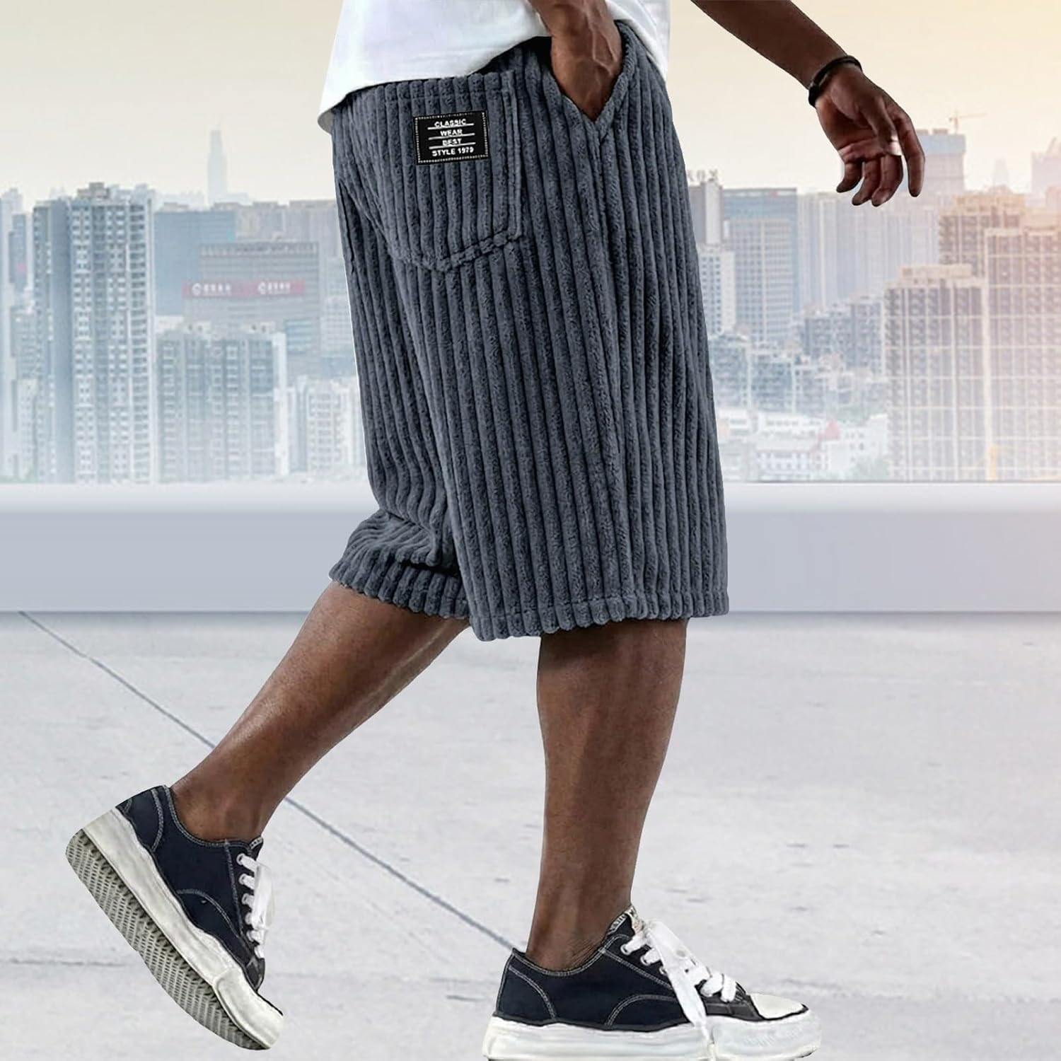 Mokaloha Mens Shorts Corduroy Loose Fit Casual Shorts Elastic Waist with Multi Pockets Retro Style for Summer