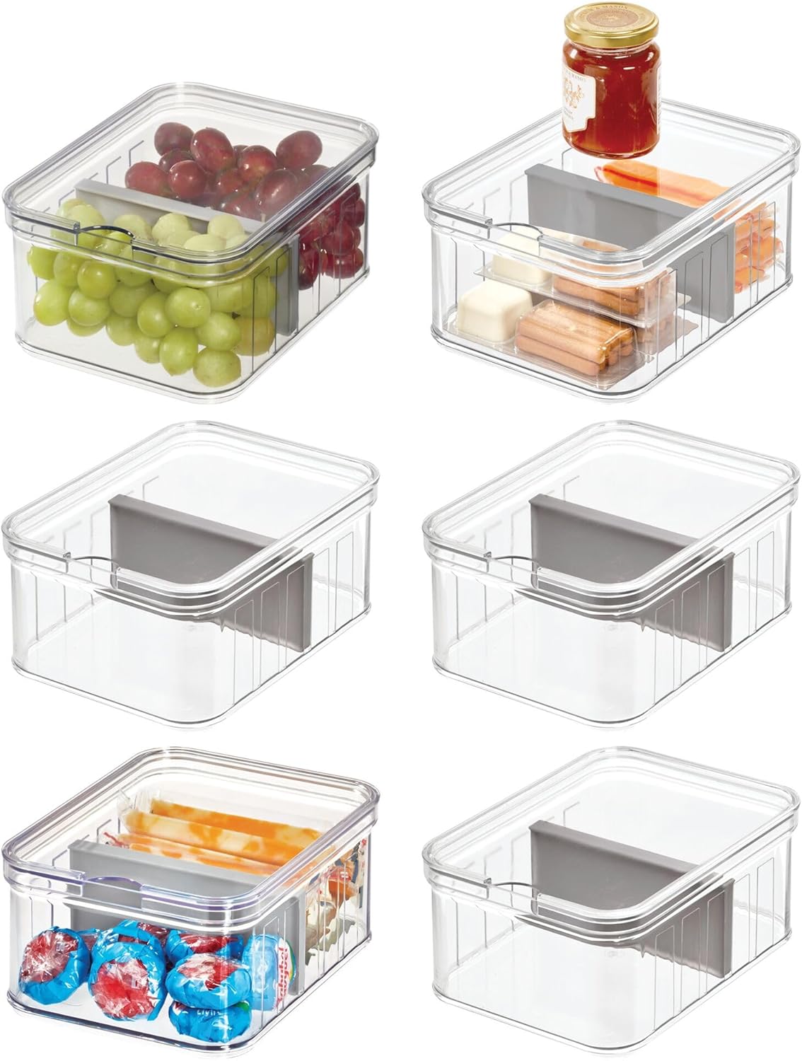 iDesign Small Fridge Organizer Bin with Removable Divider and Lid - Set of 6 - Clear/Gray