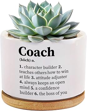 Coach Definition Coach Gifts for Sports Trainor Gym Instructor Mentor Volleyball Basketball Soccer Football Ceramic Succulent Plant Pot with Bamboo Tray Home Office Decor 3.5 Inch White No Plants