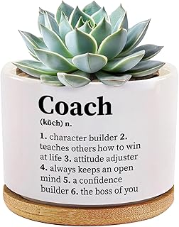 Coach Definition Coach Gifts for Sports Trainor Gym Instructor Mentor Volleyball Basketball Soccer Football Ceramic Succulent Plant Pot with Bamboo Tray Home Office Decor 3.5 Inch White (No Plants)