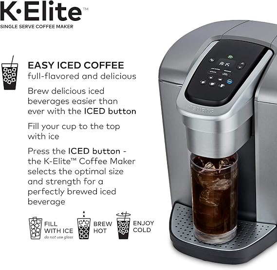 Keurig C K-Elite Maker, Single Serve K-Cup Pod Brewer, with Iced Coffee Capability, Extra Included, 75oz, Brushed Silver Plus Filter Bundle | Iced coffee capability, 75 oz reservoir, Filter