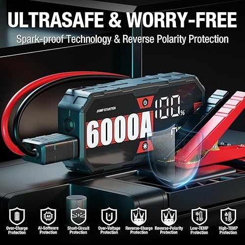 Miniatura 7 de Arrancador de batería de automóvil 6000 amperios de arranque de pico de 12 V, pantalla inteligente, cables de puente con arranque de fuerza para
