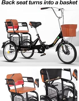 Folding Tricycle for Senior and Adult,Rickshaw Trike with Pedals,Manned Tricycle with Back seat,3 Wheels Bicycle,Front and Back Brakes,Red 16inch