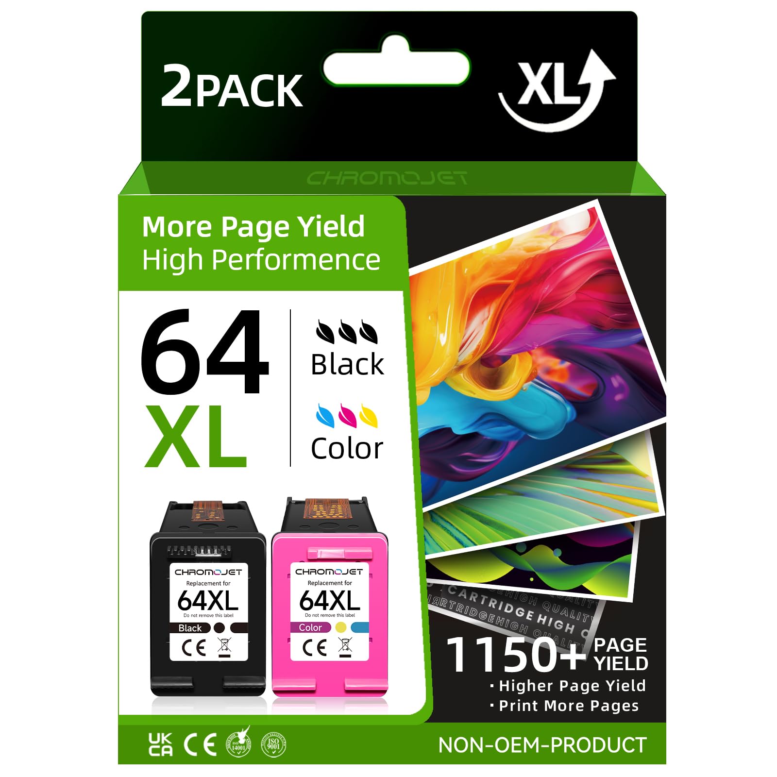Chromojet 64XL Ink Cartridge Combo Pack Compatible for HP Ink 64 Compatible for HP 64 Ink fit for Envy Inspire 7955e 7200e 7255e 7220e 7900e Envy Photo 7855 7155 7858 7100 7158 Tango X Printer(2 Pack)