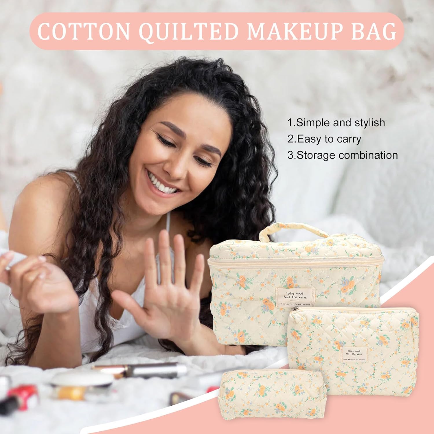 3 Pcs Floral Makeup Bag Set, Cute Makeup Bags Quilted Toiletry Travel Skincare Bag, Quilted Makeup Aesthetic Floral Pouch, Make Up Bag Set Cute Large Cosmetic Bags for Women