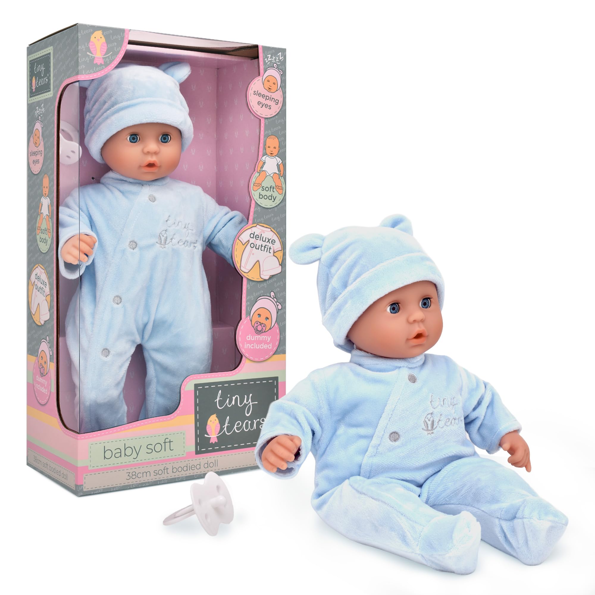 John Adams Tiny Tears Baby Soft Doll 15" (38 cm) - Pale/White Skin | Soft Bodied Baby with Closing Eyes & Dummy | Deluxe Blue Outfit | Cuddly First Doll Set | Toy for Toddlers Age 10 Months+
