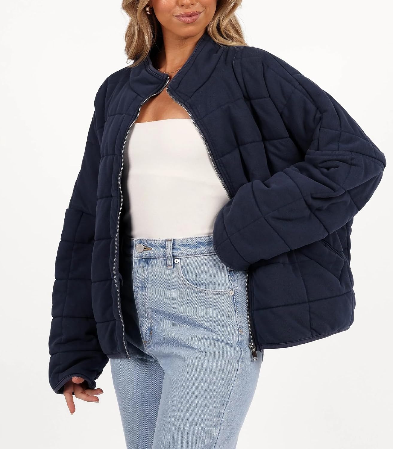 Women's Oversized Quilted Jacket Lightweight Stand Collar Casual Padded Coat Fall Winter Long Sleeve with Zipper - Image 2