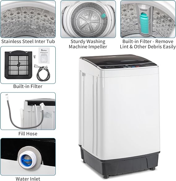 Full Automatic Washing Machine, 17.8 Lbs Top Load Portable Washer with Drain Pump, 10 Wash Programs 8 Water Level Washer and Dryer Combo, 2 in 1 Washer and Dryer for Apartments, RV, Camping