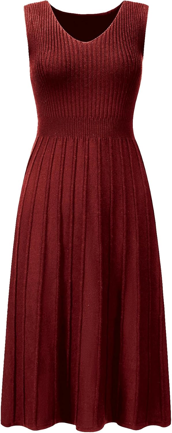 Hobemty Women's Midi Sleeveless Dress V Neck Knitted A-Line Dress