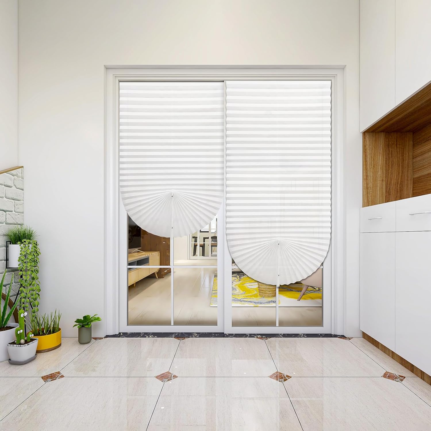 3 Pack Temporary Window Blinds 35 x 110 Pleated Paper Fabric Shades, Self-Adhesive Cordless Light Filtering Privacy Blinds for Indoor Windows of Office, French & Sliding Doors, Cut to Size (White)
