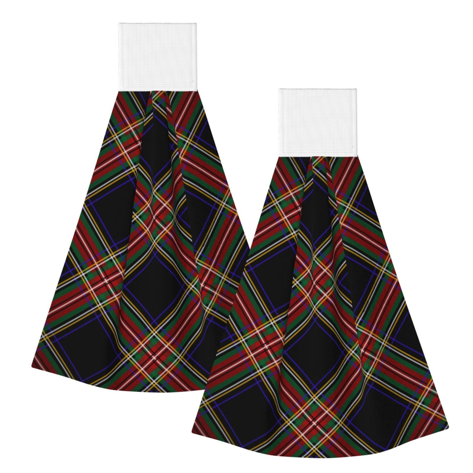 DOPKLNA Modern Black Stewart Tartan, 2 Pcs Hanging Coral Fiber Hand Towels for Bathroom, Absorbent Kitchen Towels
